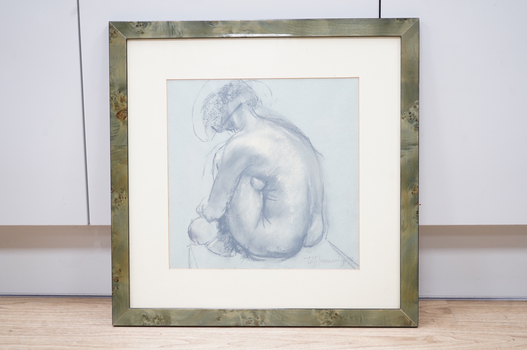 Toby Jennings (20th. C), Study of a nude woman, signed and dated '95, charcoal heightened with white, 30 x 31cm